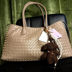 Purple + Lilac Woven Taupe Tote Bag with Teddy Bear Charm NWT